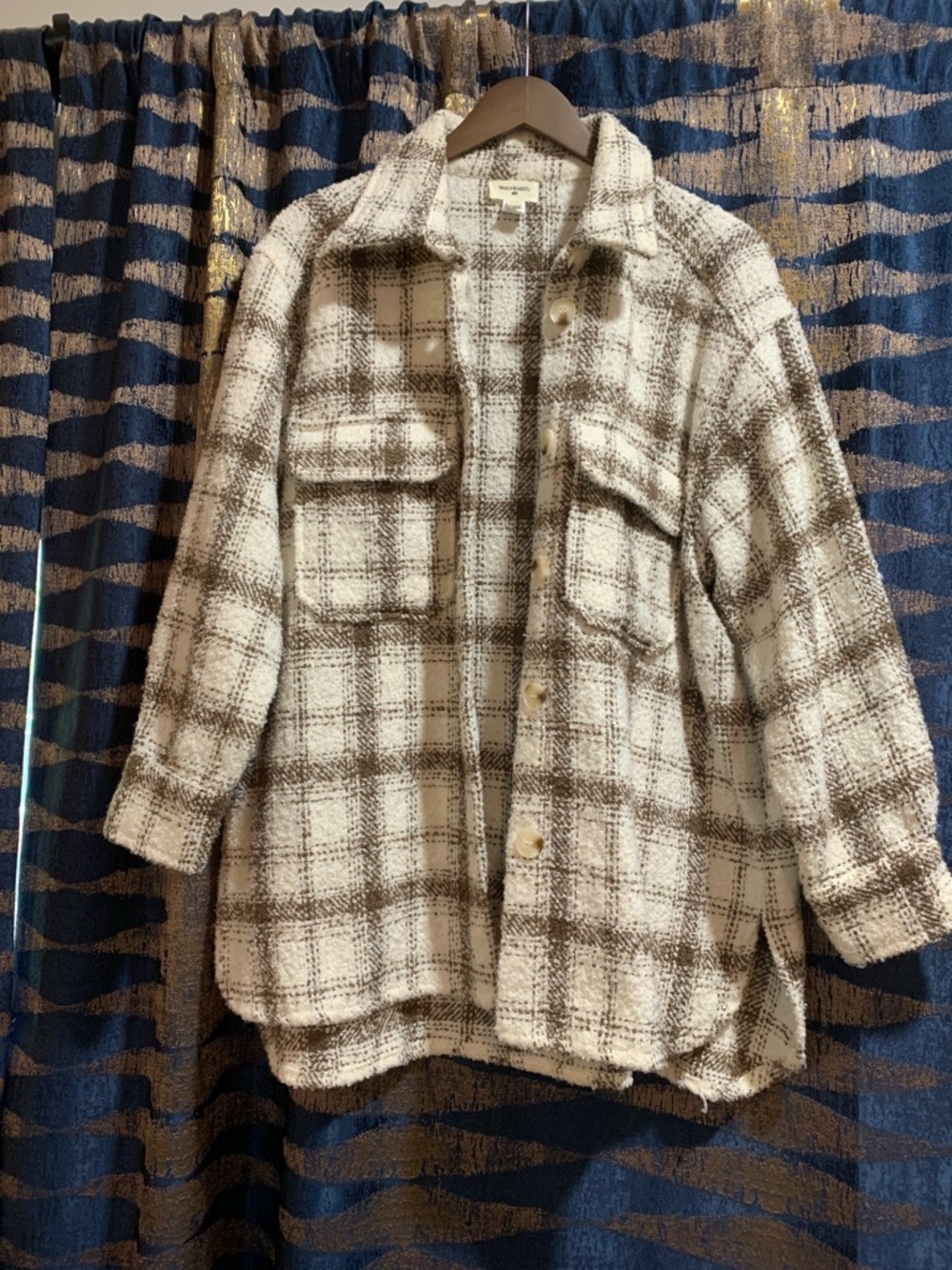 Cost Plus World Market Cream and Brown Plaid Utility Shacket